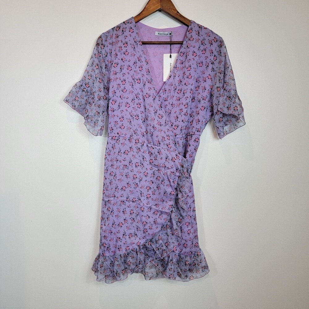 Aachoae Women's Large Purple Floral Pattern Ruffle Trim True Wrap D… - Picture 2 of 9